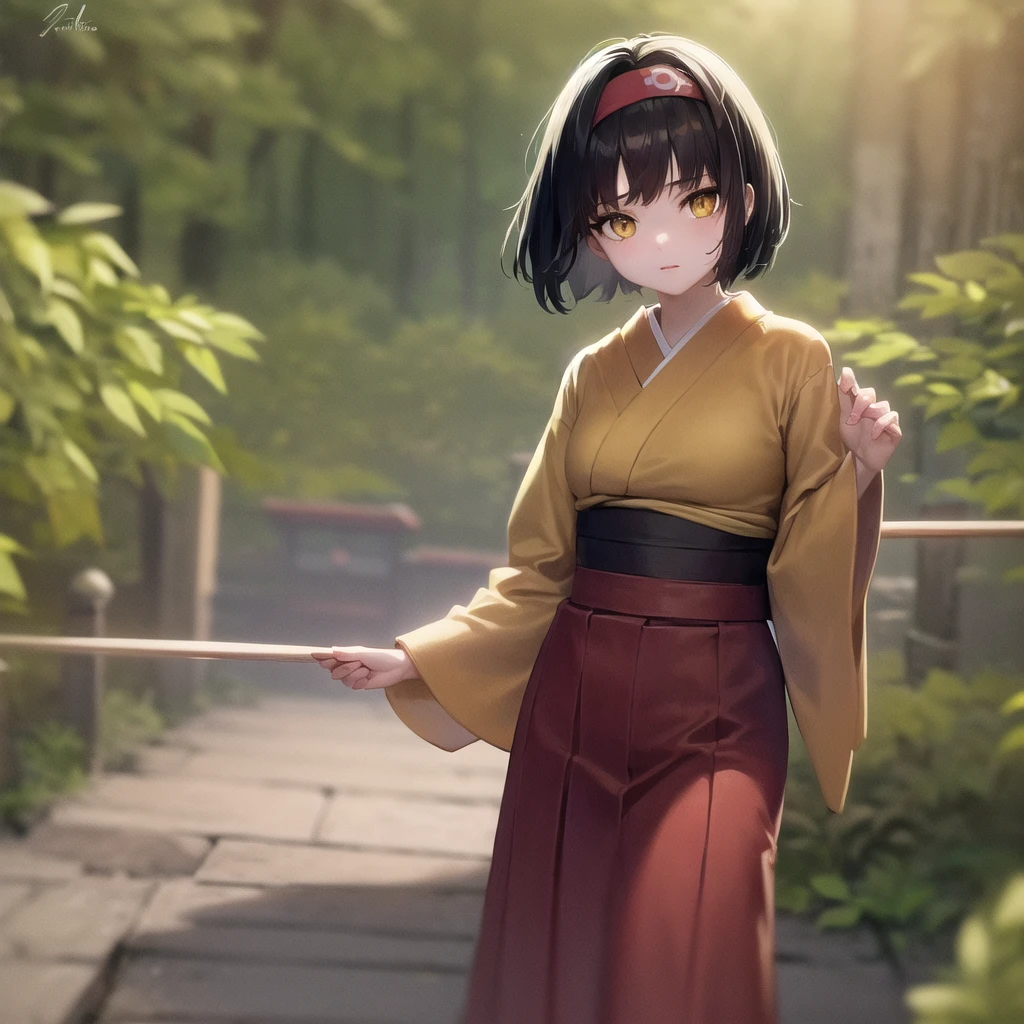 (masterpiece, best quality), 1girl,  pokemonerika, (yellow eyes:1.5), black hair, headband, short hair, japanese clothes, kimono, hakama, green hakama, long sleeves, wide sleeves, sakura pink forest background, day, sunlight, anime style, beautiful, 