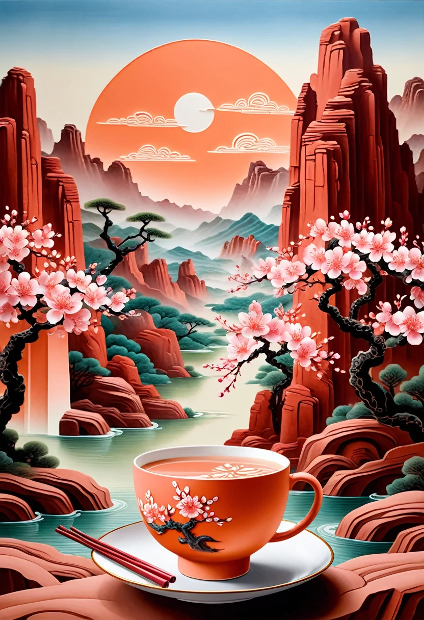 (Masterpiece, high quality, best quality, official art, beauty and aesthetics: 1.2), milk tea cup, surrounded by red rocks, splashing spray, (Chinese landscape paper carving, Chinese Song Dynasty landscape painting: 1.2), (surrealist dream style), cream organic fluid, light tracing, environmental shielding, hazy, natural light, limestone, gel resin sheet, oc rendering, (peach blossom forest background: 1.4),