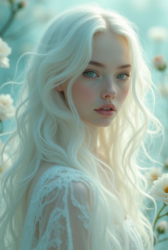 beautiful girl. white and flawless skin. White hair, long and semi-wavy. Eyes of two different colors, one gray and the other green. Whole body.surreal art