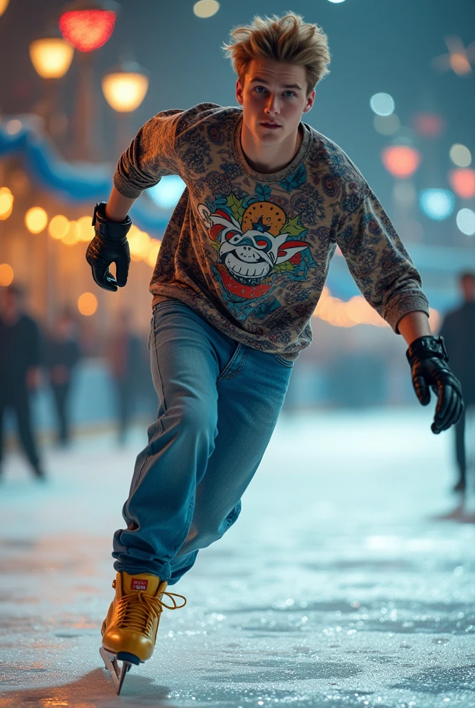 Draw a young adult skater, British man, com pele caucasiana, blue eyes and golden ice skates,skateboarding clothes,wearing golden ice skates on a skating rink.