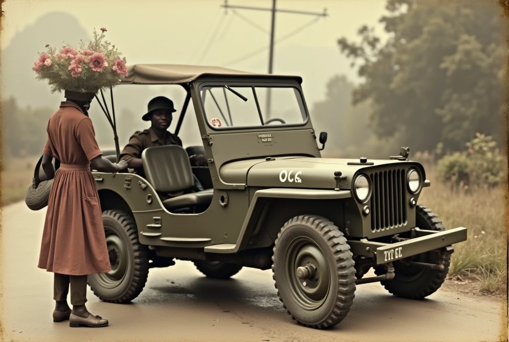 Photograph of a jeep from the 1950s, a soldier and a flower vendor girl, faded color photo, sfw,