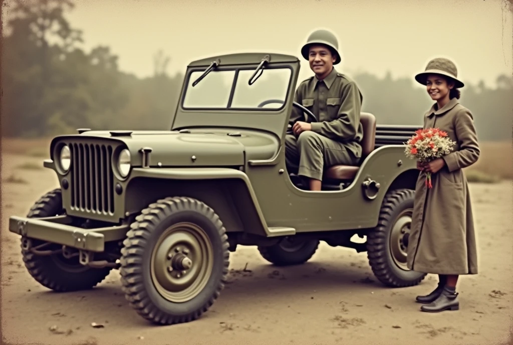 Photograph of a jeep from the 1950s, a soldier and a flower vendor girl, faded color photo,
