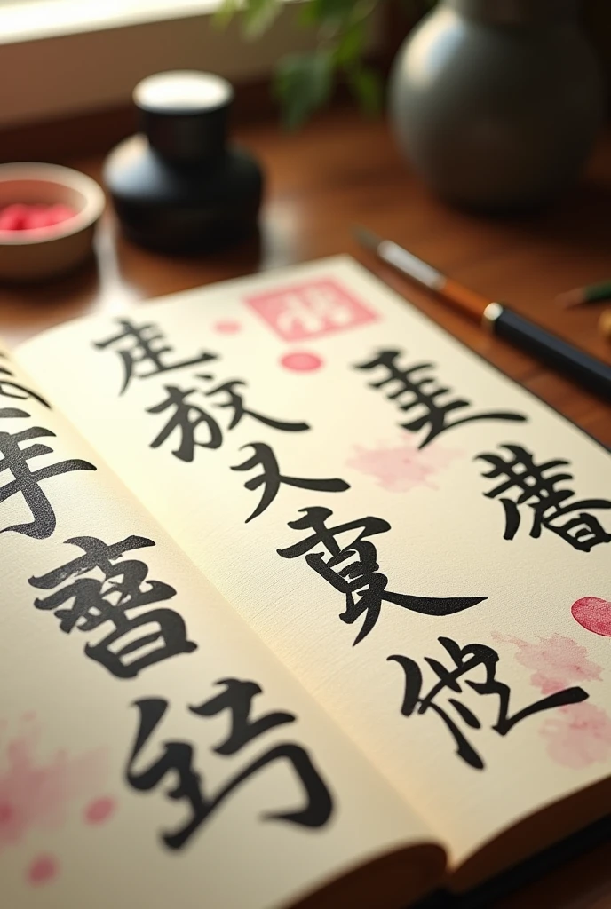 Realistic Japanese characters written on a notebook paper in hiragana, katakana and kanji