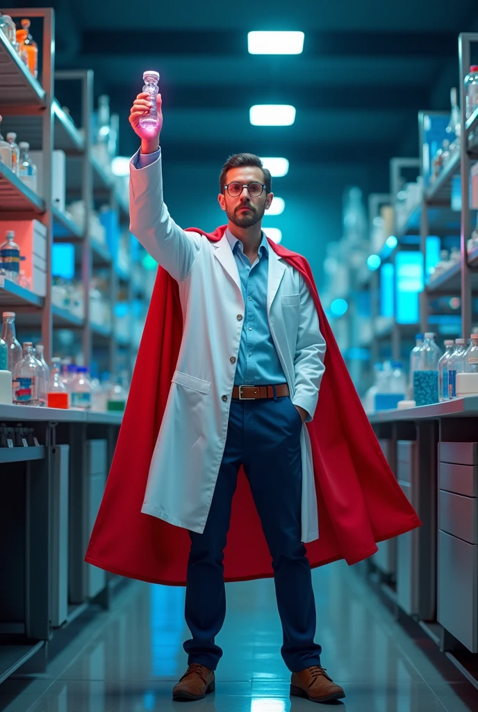 Create an image of a scientist as a hero. He's in a lab, wearing a white lab coat and a superhero cape over it, symbolizing his dedication and courage. The scientist stands tall, holding a sample vial with an expression of determination and confidence. Behind him, a screen displays important graphs and data. The scene should highlight the importance of the scientist's work, combining elements of heroism with the scientific environment.