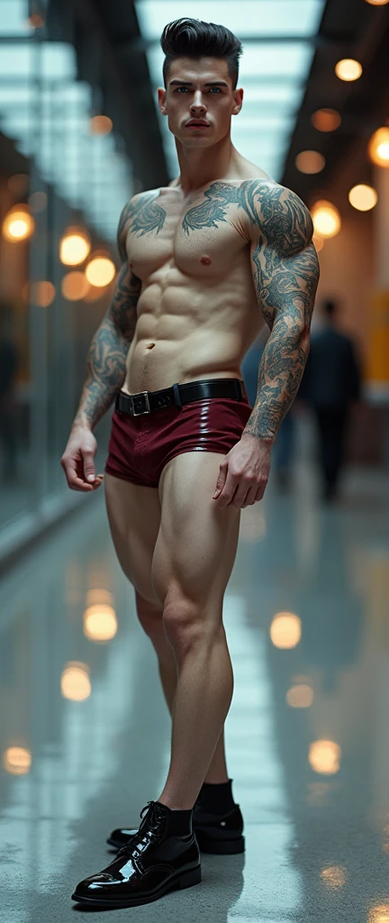 Fullbody standing picture of white skin Handsome muscular    gay man wearing skinny tight shiny maroon latex suspensory, shiny black Disconnected Pompadour oiled hair style, blue eyes, shiny varnished black shoes, black belt, red lip, chain, tattoos, ,  shot, , milking , very big , very big , shiny oiled skin, , oversexed, , standing at white lighting show room.