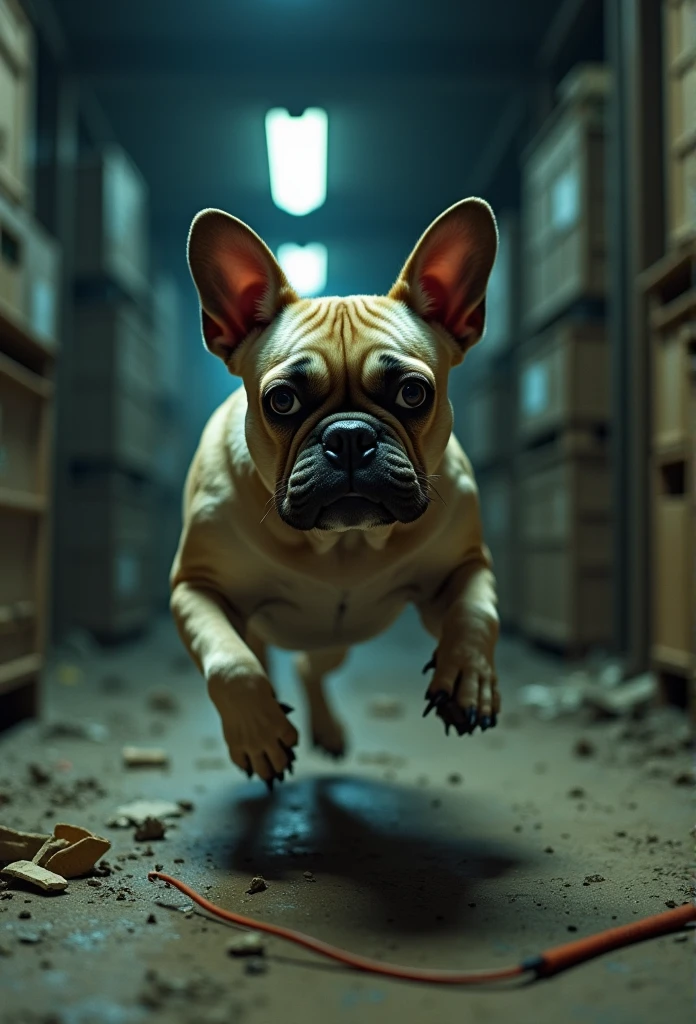 close up of a Frenchie bulldog running into a warehouse, nightmare