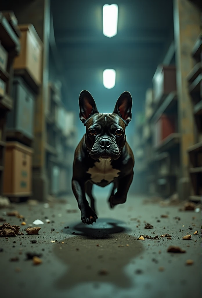 close up of a Frenchie bulldog running into a warehouse, nightmare 