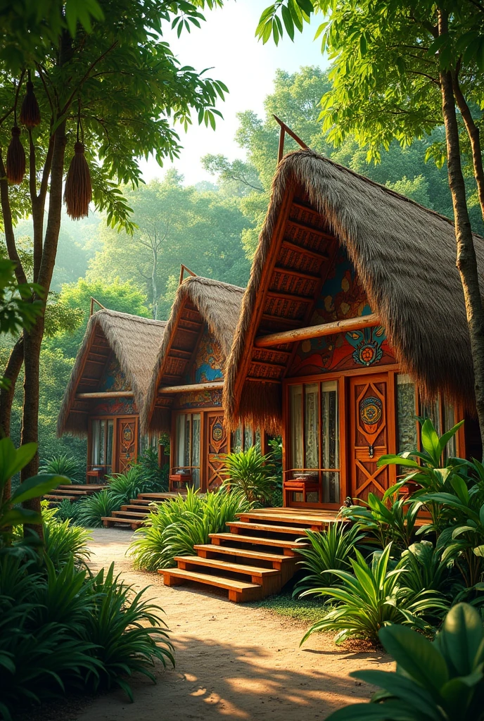 I need some images of hotel cabins, Eco-friendly totem style from Boruca culture, realistic
