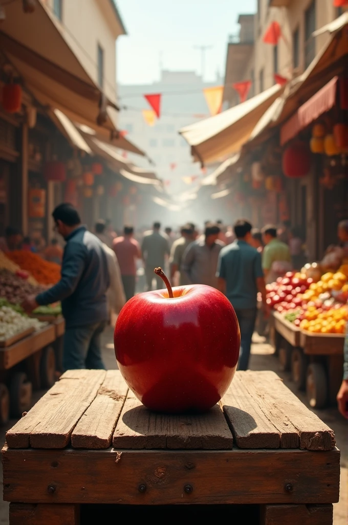 An apple in the middle of a chaotic scene