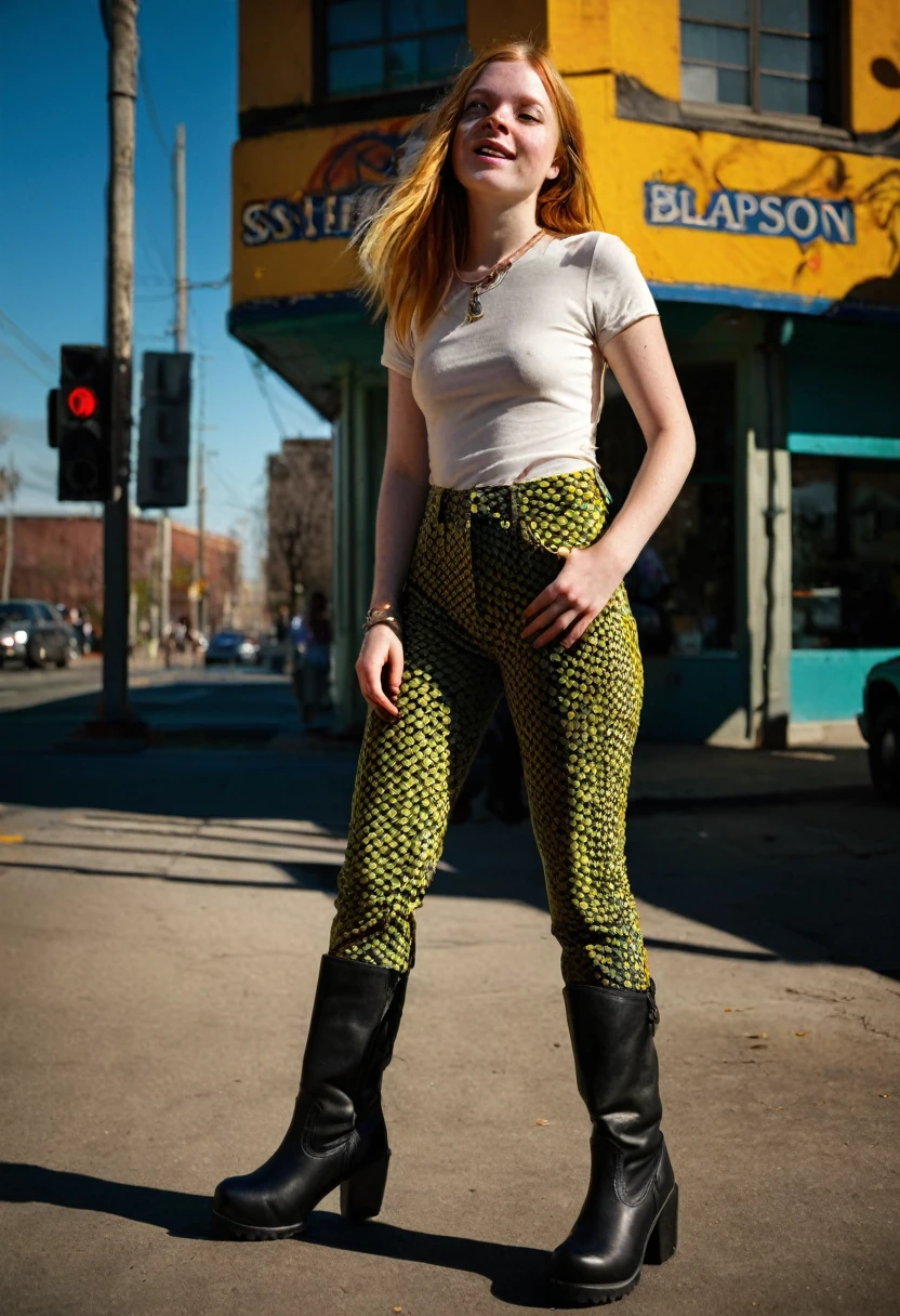 America in the 1970s, hippie, no-bra activist, young girl, beautiful but freckled, dressed in a psychedelic style, long eyelashes, pantaloon pants, platform boots, photo noir, intense colors, deep shadows, professional lighting, professional camera,
