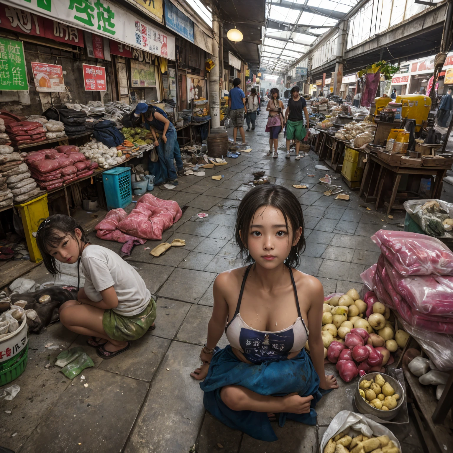 
((masterpiece、Highest quality))、Beautiful girls gather.、Half-、(Detailed and cute face:1.3)、(Poor conditions、Dim and unsanitary、Crumbling underground shopping mall)、屋台のdiet店、stage、sewage、Dirty shop、street vendors、Unsanitary and abandoned city、smile、diet、Poor person々