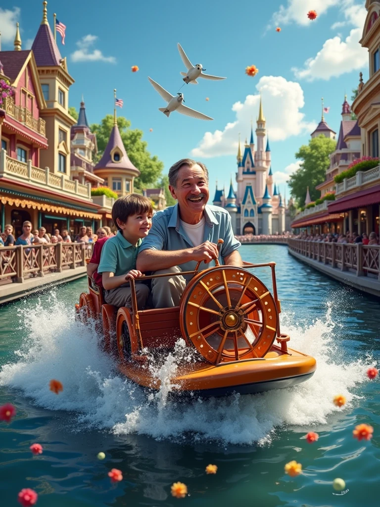 Walt Disney getting hit by an old paddle wheel boat on a river in Disneyland