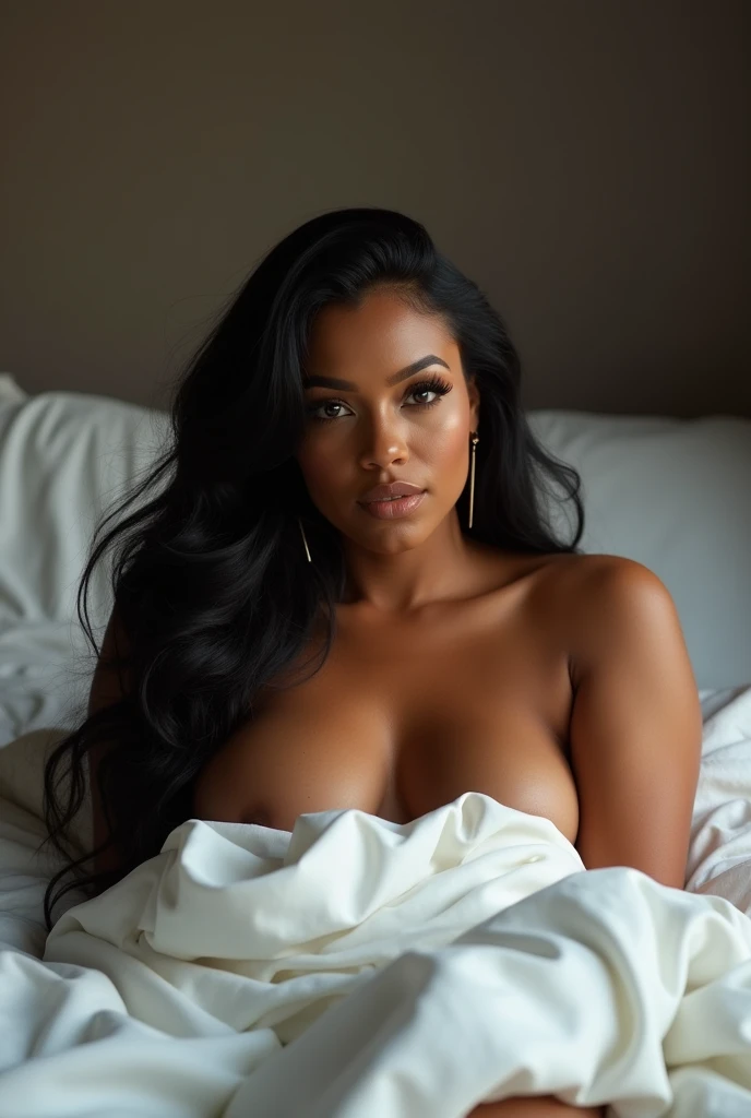 "A hyperrealistic image of a 30-year-old Latina BBW model with dark black hair and warm brown skin, lying on a bed in a relaxed, alluring pose. She has a confident, provocative gaze, creating a sultry and captivating atmosphere. The bed features soft white linens that contrast with her dark hair and skin tone, and the lighting accentuates her curves and facial expression in a subtle, sophisticated manner, naked"