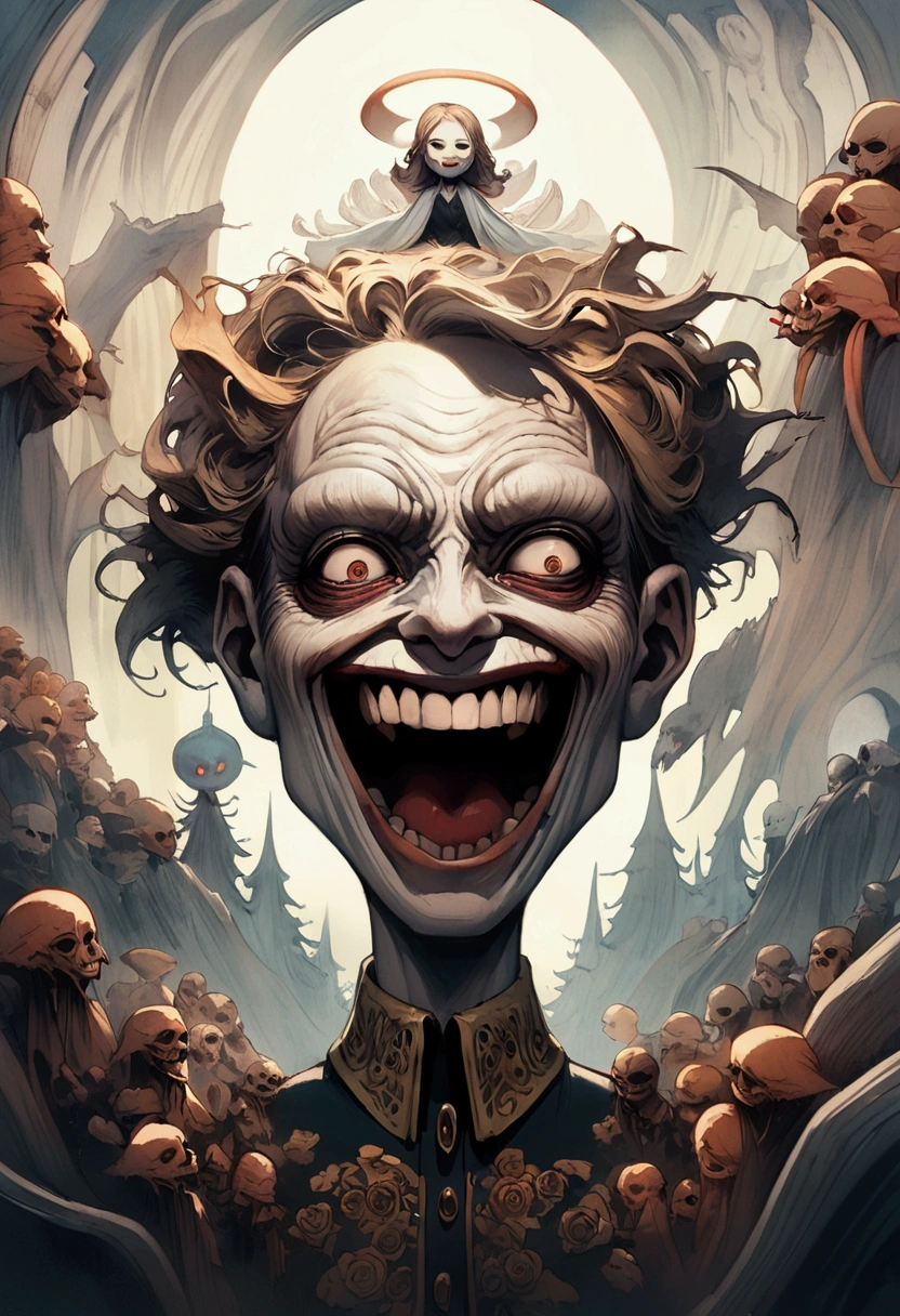 A terrifying angel man smiling crazily