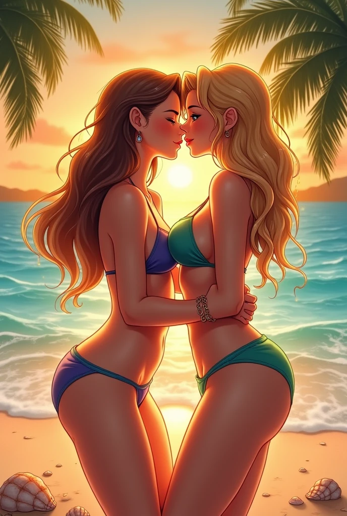 A beautiful girl in a revealing bikini big breasts a chain around the belly big ass naked kisses another girl