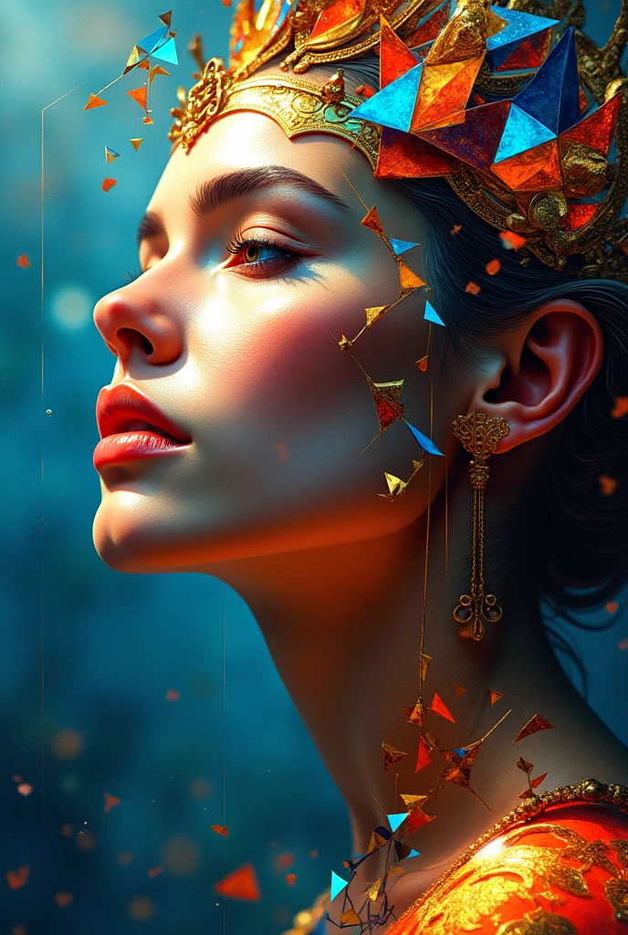 **Name:** Cubist Goddess
**Prompt:**
Design a cubist-style digital portrait of a goddess, incorporating abstract and geometric elements that reflect divine beauty and power. The composition should feature fragmented and overlapping shapes in vibrant, contrasting colors, with the goddess's face depicted from multiple angles to capture her multifaceted nature. The use of sharp lines and bold forms should evoke the essence of Cubism, blending the divine with the modern, abstract aesthetic."