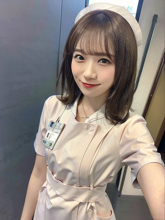 woman, alone, (Wearing white nurse clothes:1.2), (Bobcut), Shortcuts,bangs, Black Hair, nurse, Perfect Anatomy, nurse uniform, (Nurse cap), (White costume), Long skirt, hospital, Face close-up, smile, Close your mouth