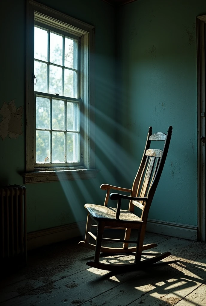 A wooden rocking chair in an old house is abandoned on a dark night
