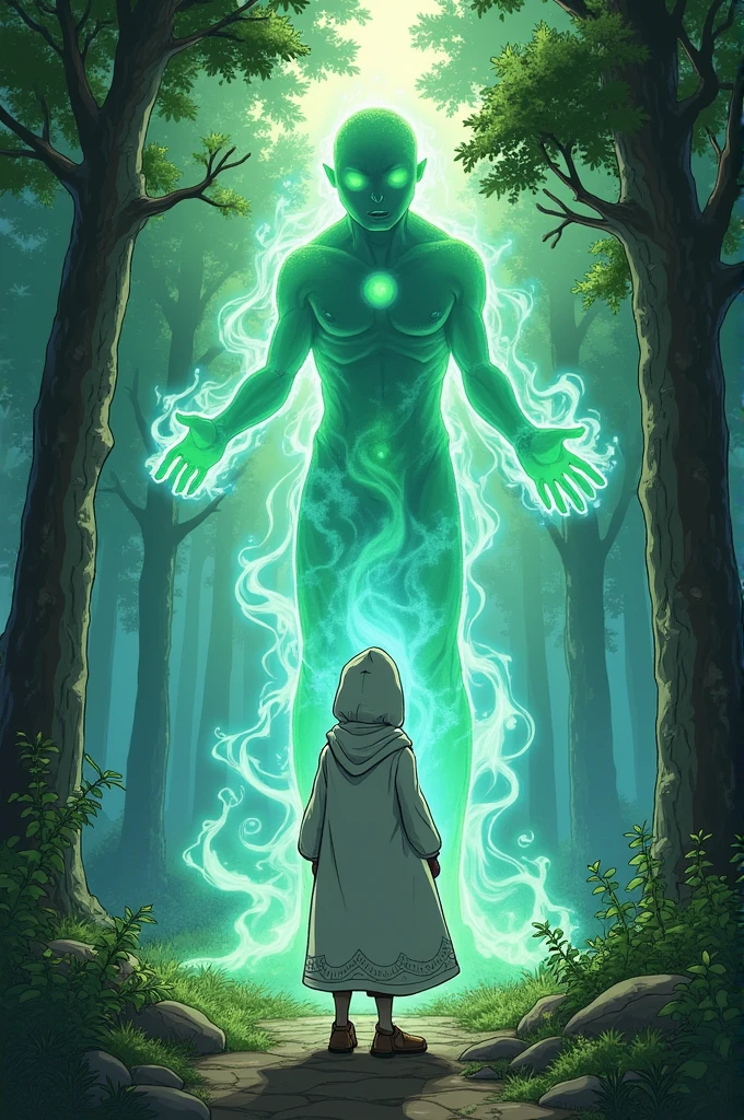 Create a comic book page: first frame a boy in a white tunic wearing a hood. 2nd frame, he manifests an alien with magical smoke coming out of his hands