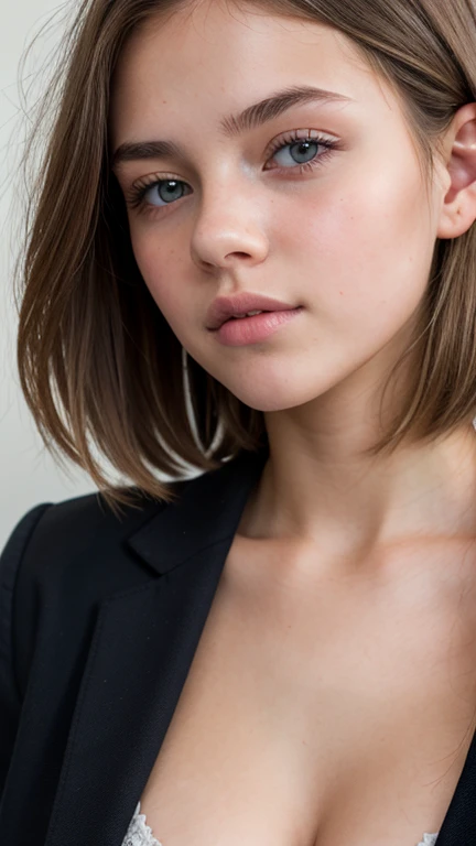 ((Ultra Detail)), Beautiful Art, 18 yo blonde girl . Full lips. Eyes wide. ((Very short hair)), uhd, high details, best quality,, school blazer, private school girl, unbuttoned