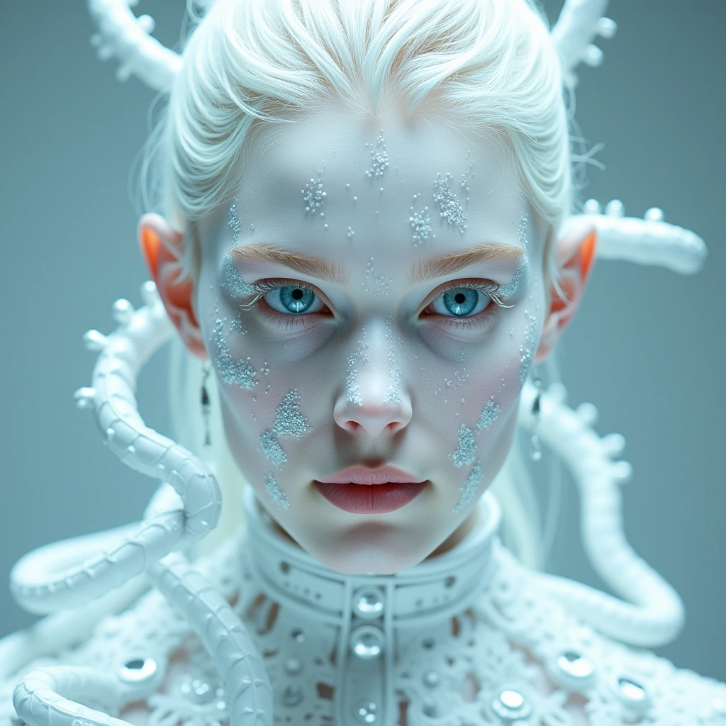 girl, focus on the face, professional photography, futuristic white makeup with geometry and mechanism, an albino girl with blue eyes, white skin, white hair, white snakes around the face from the head, cyberpunk, mirror reflections, glare, lots of sequins, shimmer on the body, ocular inclusions, sub-surface scattering