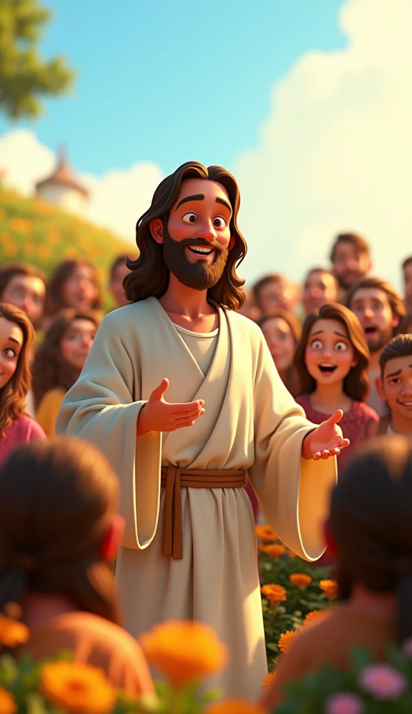 Biblical character Jesus speaking to people in a Pixar style 