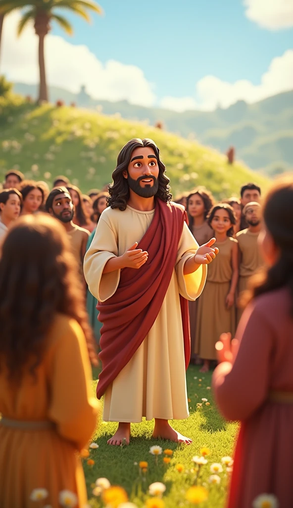 Biblical character Jesus speaking to people in a Pixar style
