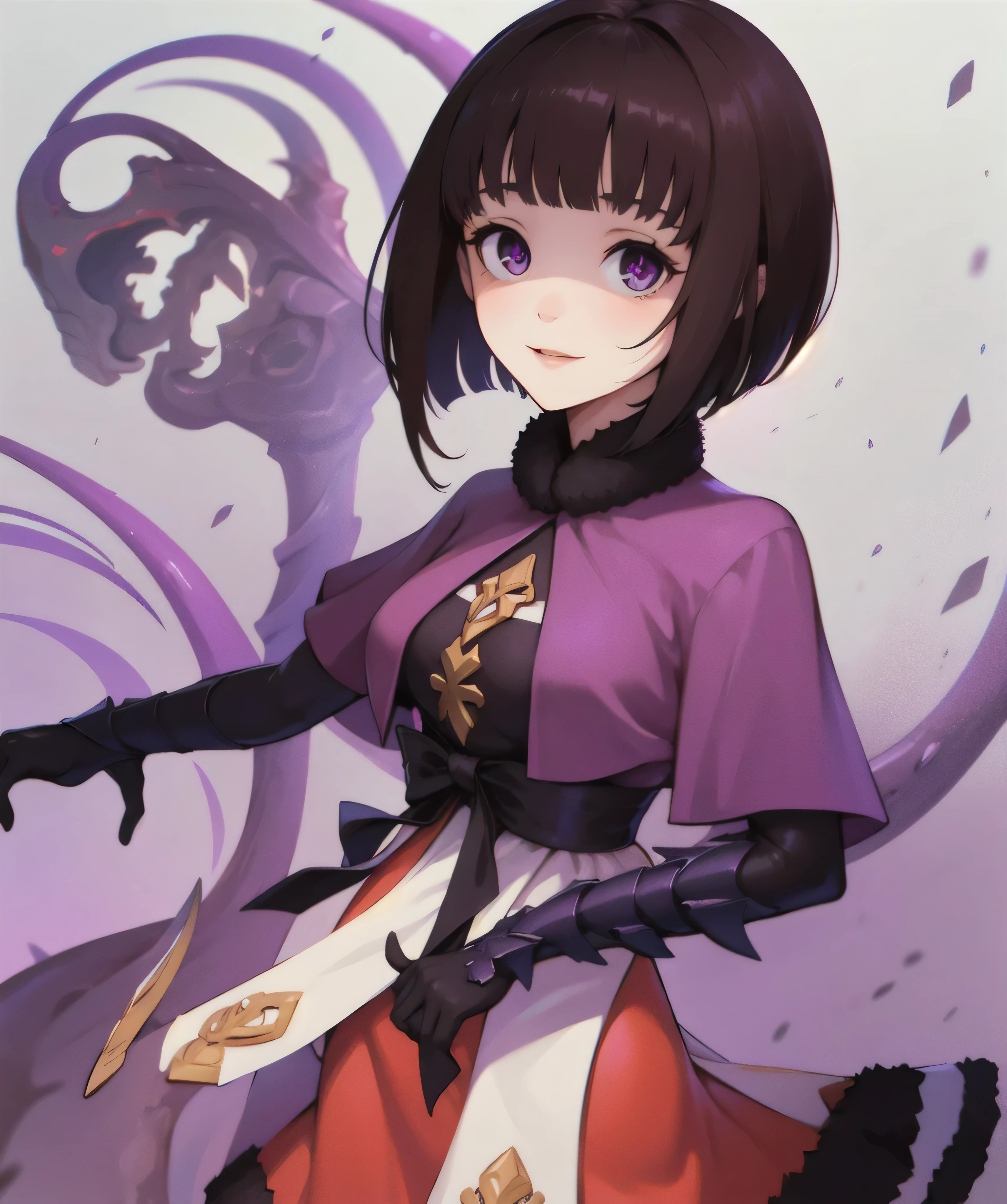 masterpiece, Highest quality, One girl, eric, Purple eyes, Brown Hair, Blunt bangs, Bobcut, Two honjiao, , bare shoulisers, Elbow hand pockets, Gauntlet, reis skirt, Fur trim, View your viewers, :is, IncrsVGift Both, incoming gift, outisoors, evil smile,shaded  face(eyes in shadow)