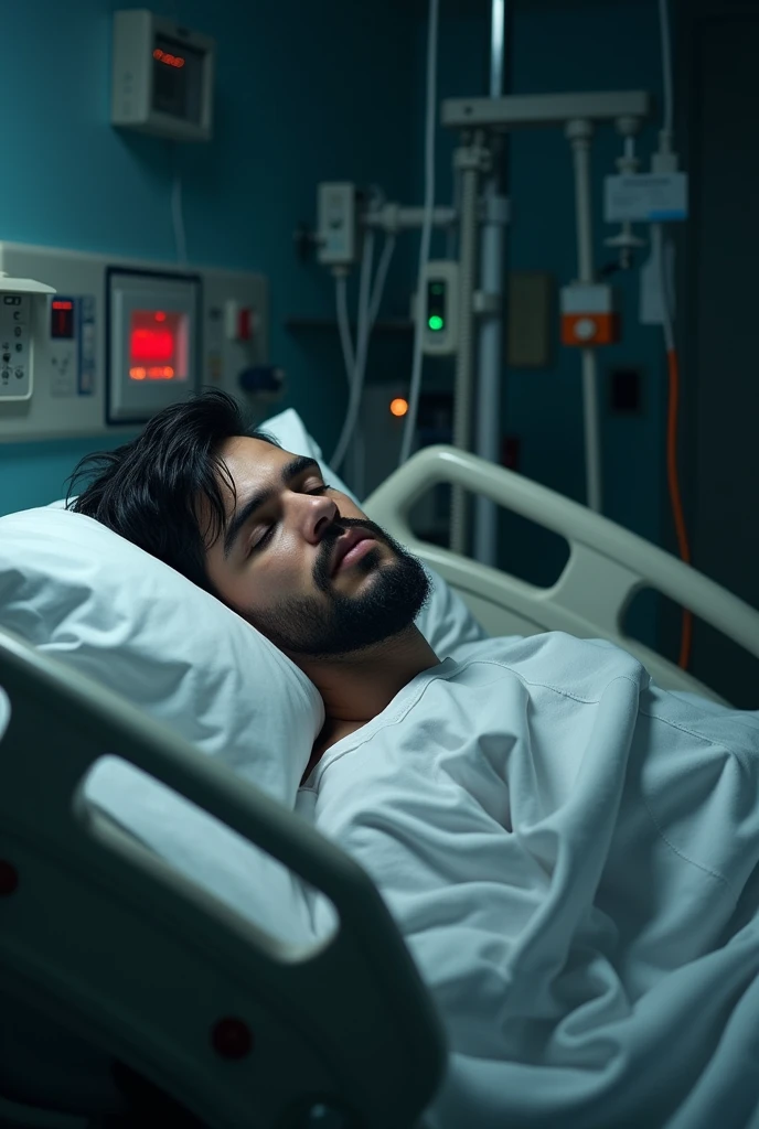 American man, stark, blackquality hair, short beard, stark, In an ICU, in a coma