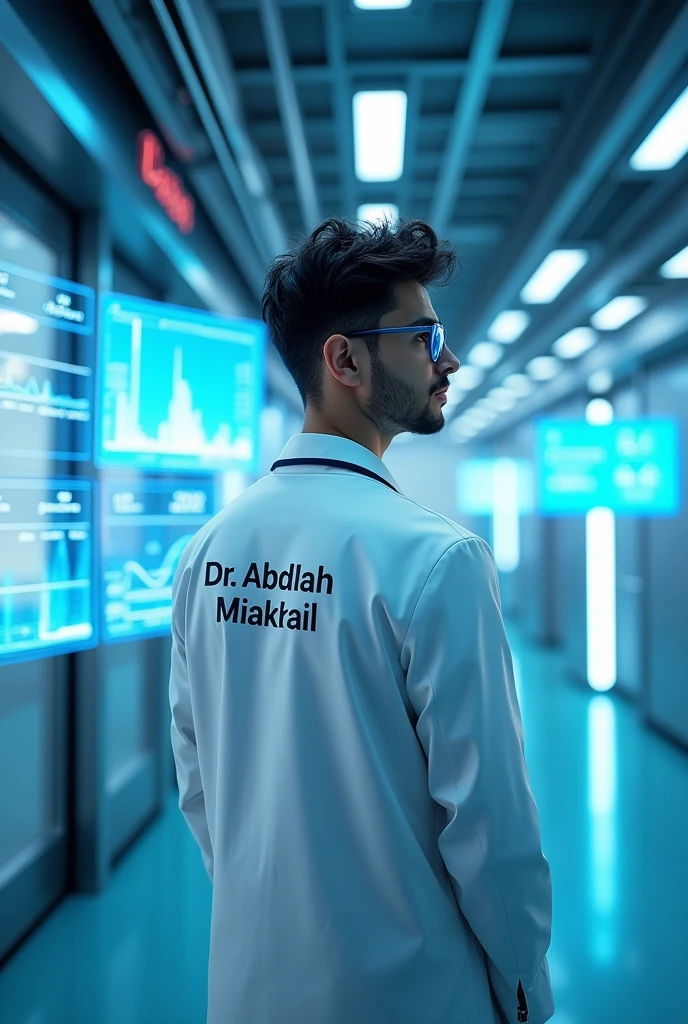 A young Digital Doctor wearing a white coat written "Dr.Abdullah Miakhail". perfectly and exactly on its back and showing this written quote on his back