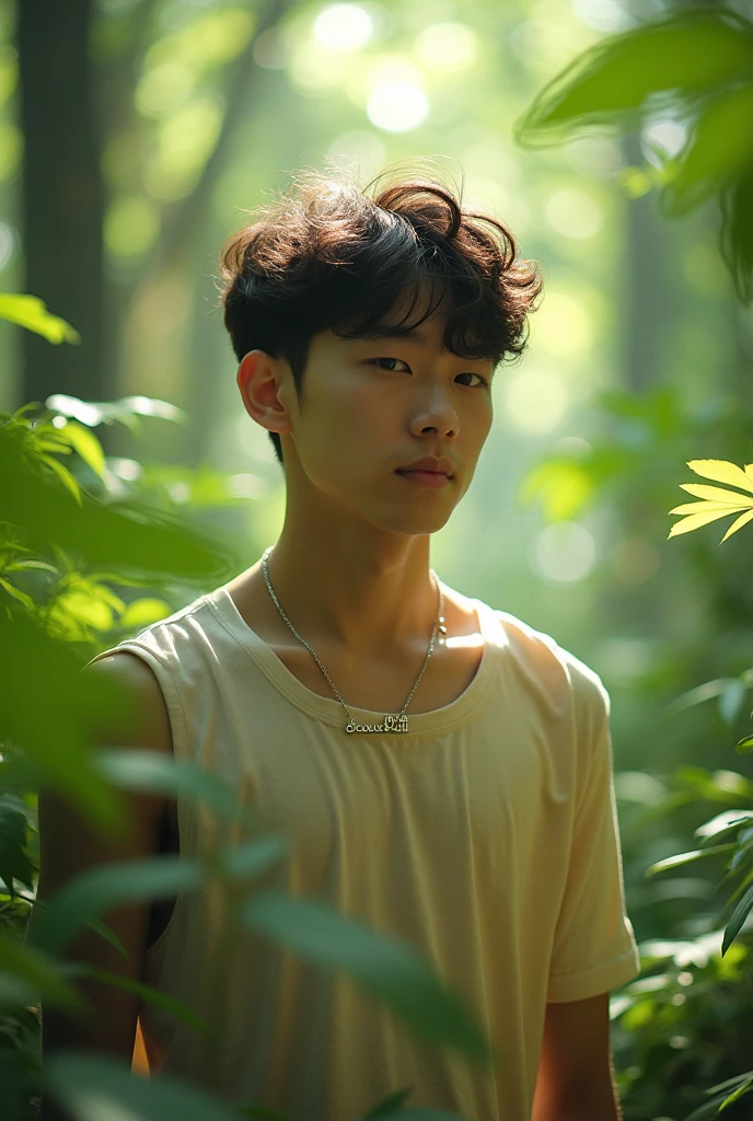 korean man 18 years old curly hair in the forest gold leaf on hair with a necklace gold name brix