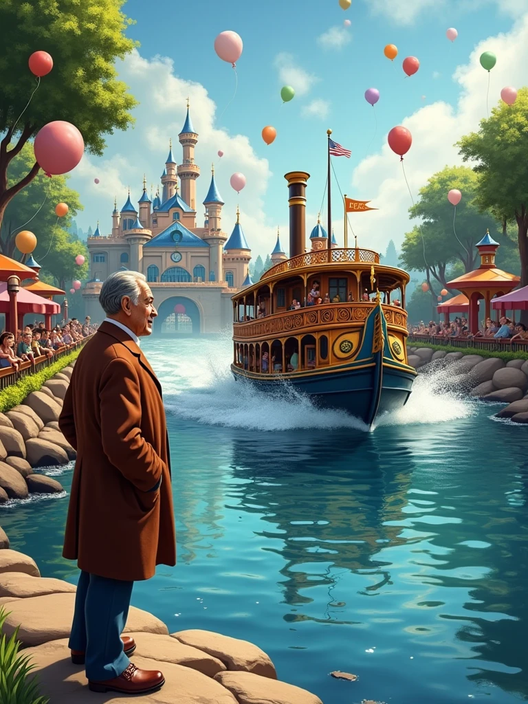Walt Disney getting hit by an old paddle wheel boat on a river in Disneyland