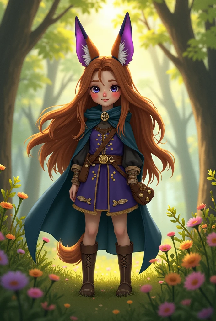Girl with long brown hair and purple tips, fox ears, she has a cloak and an old guard costume and brown boots, animation, small fox ears