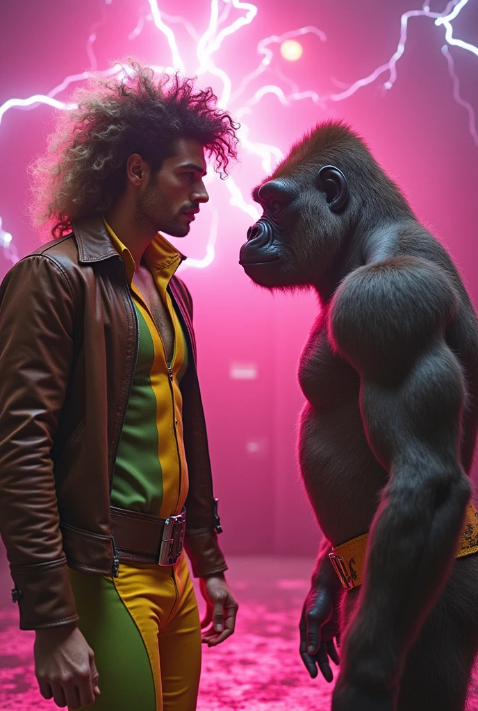 The imposing male superhero Rogue ( sassy Girl, in man) dressed in a tight green and yellow suit and a brown jacket. His hair has a large white streak . He is dancing face to face with a fierce, majestic silver gorilla. Both figures exude raw power as they prepare for a fusion, Surrounded by whirlwinds, mystical energies in a 70s disco. The anticipation of their fusion is palpable A pink aura surrounds them