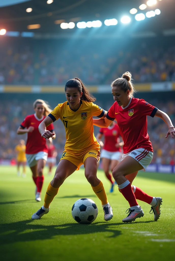 (photorealism:1.2), beautiful women's soccer players fouling slide tackle, realistic, 8k, kicking leg