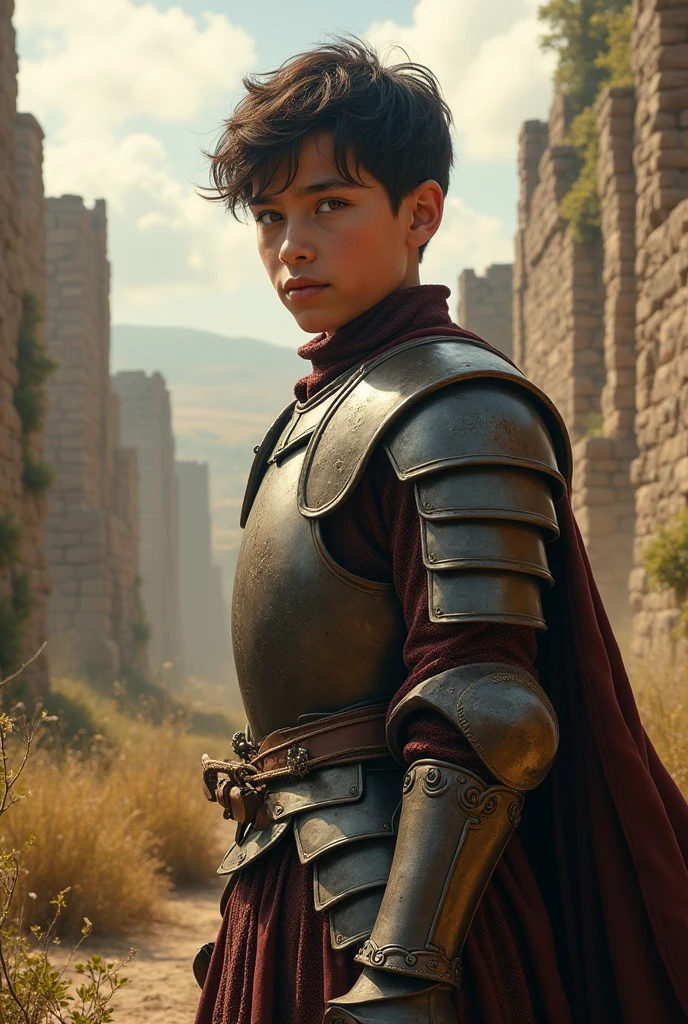 (photorealism:1.2), handsome and masculine boy, short hair, with brown eyes, tez morena, tall and strong, with armor 
