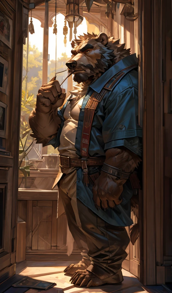 By Taran Fiddler, one man, anthro canine (Bearded Grizzly bear), adult male, elderly, slightly wrinkled face, black eyebrows, stern facial expression, grumpy, bushy mustache, mustache covering mouth, slightly short height, dilf, hands on the wall, pushing against wall, shirtless, facing away from viewer, boat interior, inside living quarters, back shot angle of character