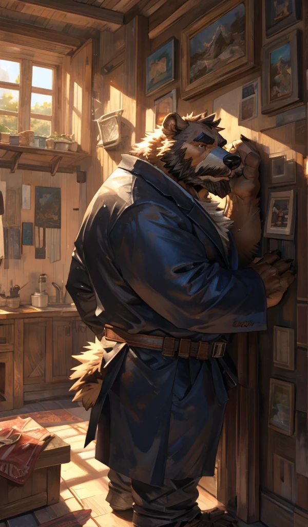 By Taran Fiddler, nsfw, one man, anthro canine (Bearded Collie breed), adult male, elderly, slightly wrinkled face, bushy eyebrows, stern facial expression, grumpy, bushy mustache, mustache covering mouth, slightly short height, dilf, hands on the wall, hands pushing against wall, showing bare butt, flaccid dick (knot), naked, facing away from viewer, back is facing viewer, boat interior, inside living quarters, back shot angle of character, oil rig dormitory 
