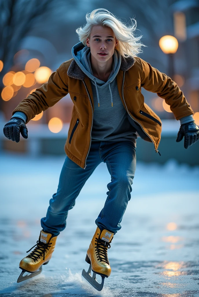 Draw a young adult skater, British man, com pele caucasiana, blue eyes and golden ice skates,skateboarding clothes,wearing golden ice skates on a skating rink,platinum hair to shoulder length.