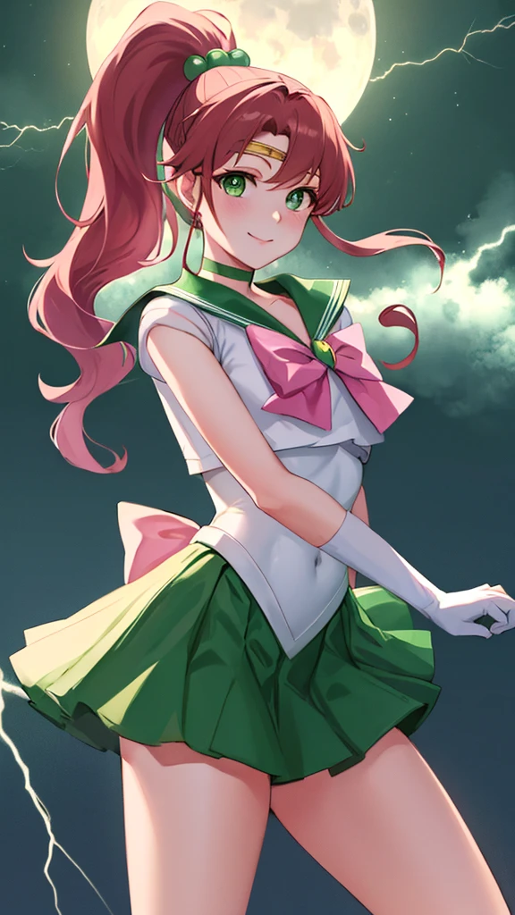 masterpiece, Highest quality, High resolution, Ham Jupiter, Green Eyes, ponytail, tiara, jewelry, Sailor Warrior Uniform, Green sailor collar, choker, Elbow hand pockets, White gloves, Pink ribbon, brooch, leotard, Green Skirt, Cowboy Shot, Are standing, night, moon, smile, Lightning on background