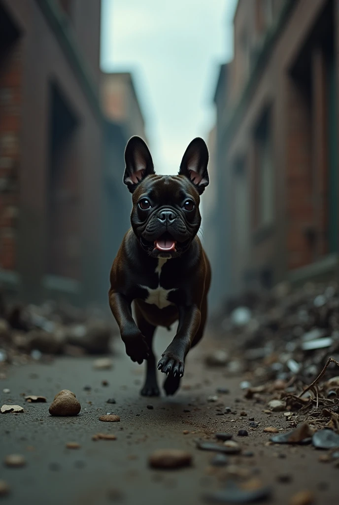 close up of a dark brown Frenchie bulldog running outside a warehouse, nightmare