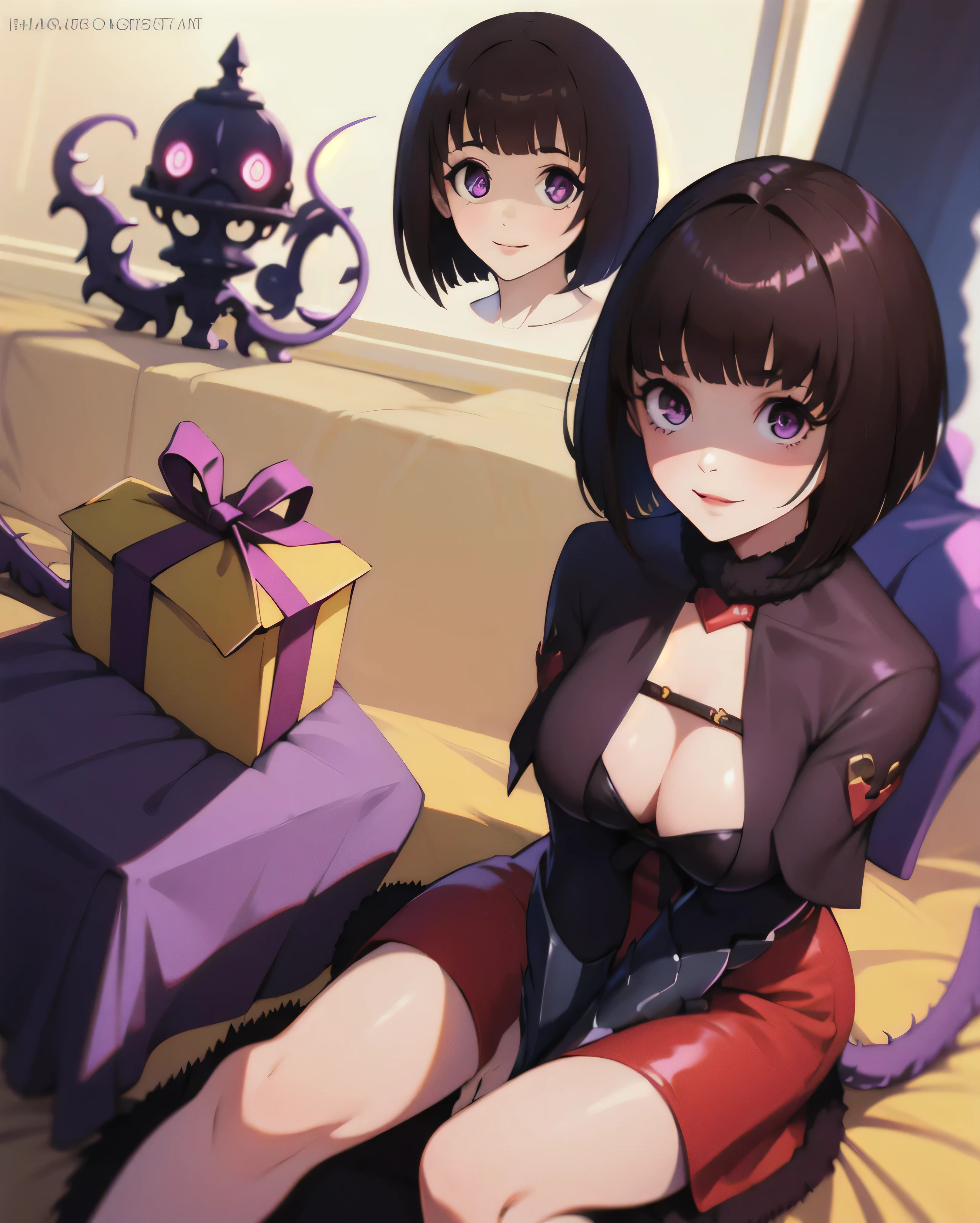 masterpiece, Highest quality, One girl, eric, Purple eyes, Brown Hair, Blunt bangs, Bobcut, Two honjiao, , bare shoulisers, Elbow hand pockets, Gauntlet, reis skirt, Fur trim, View your viewers, :is, IncrsVGift Both, incoming gift, outisoors, evil smile,shaded  face(eyes in shadow)