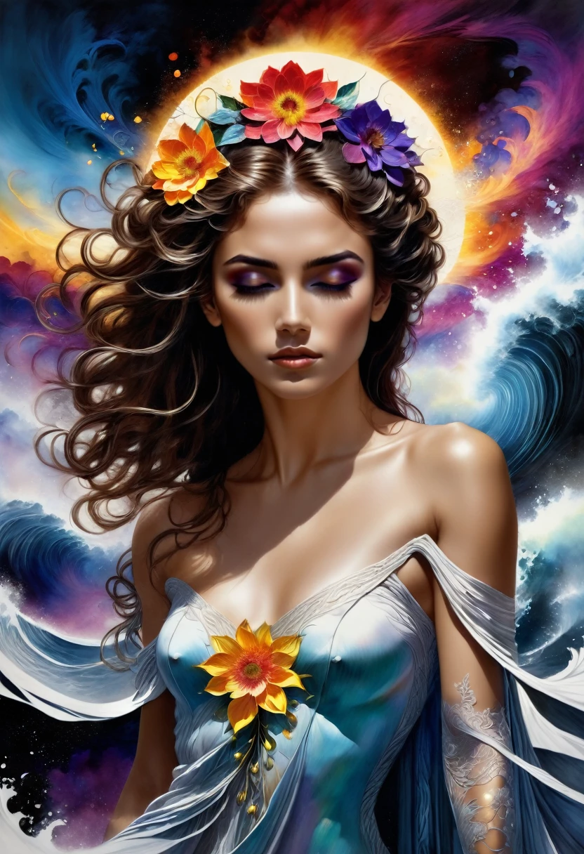 Digital art, Film quality, portrait, realistic art, Digital illustration, Vibrant colors, watercolor, oil paints, alcohol inks, combining the artistic styles of José Royo, David Hamilton, Karol Bak's, Jim Lee, Frank Miller, Luis Royo, watercolor illustration of the silhouette of an elegant Spanish woman, sketch gracefully showing feminine beauty, flowing hair, highlights on the face, earring and necklace, a flower in the hair. captures the ethereal beauty of her outfit, soft washes of watercolor blending seamlessly to represent the fluid fabric and intricate details. The sketch pose exudes a natural elegance. hyperdetailed, trends in artstation, sharp focus, studio photo, intricate details, highly detailed, by greg rutkowski, pastel photo, digital art, perfect composition, beautiful intricate details insanely detailed octane rendering trends in artstation, art photography by 8k, photorealistic concept art, soft natural volumetric cinematic perfect light, chiaroscuro, award-winning photography, masterpiece, oil on canvas, raphael, caravaggio, greg rutkowski, beeple, beksinski.