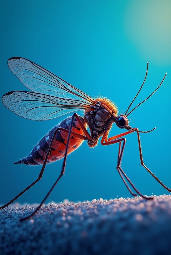 Malaria Mosquito, with blue background and strong color presence(#61788b), for professional slide, in a pointillist style.