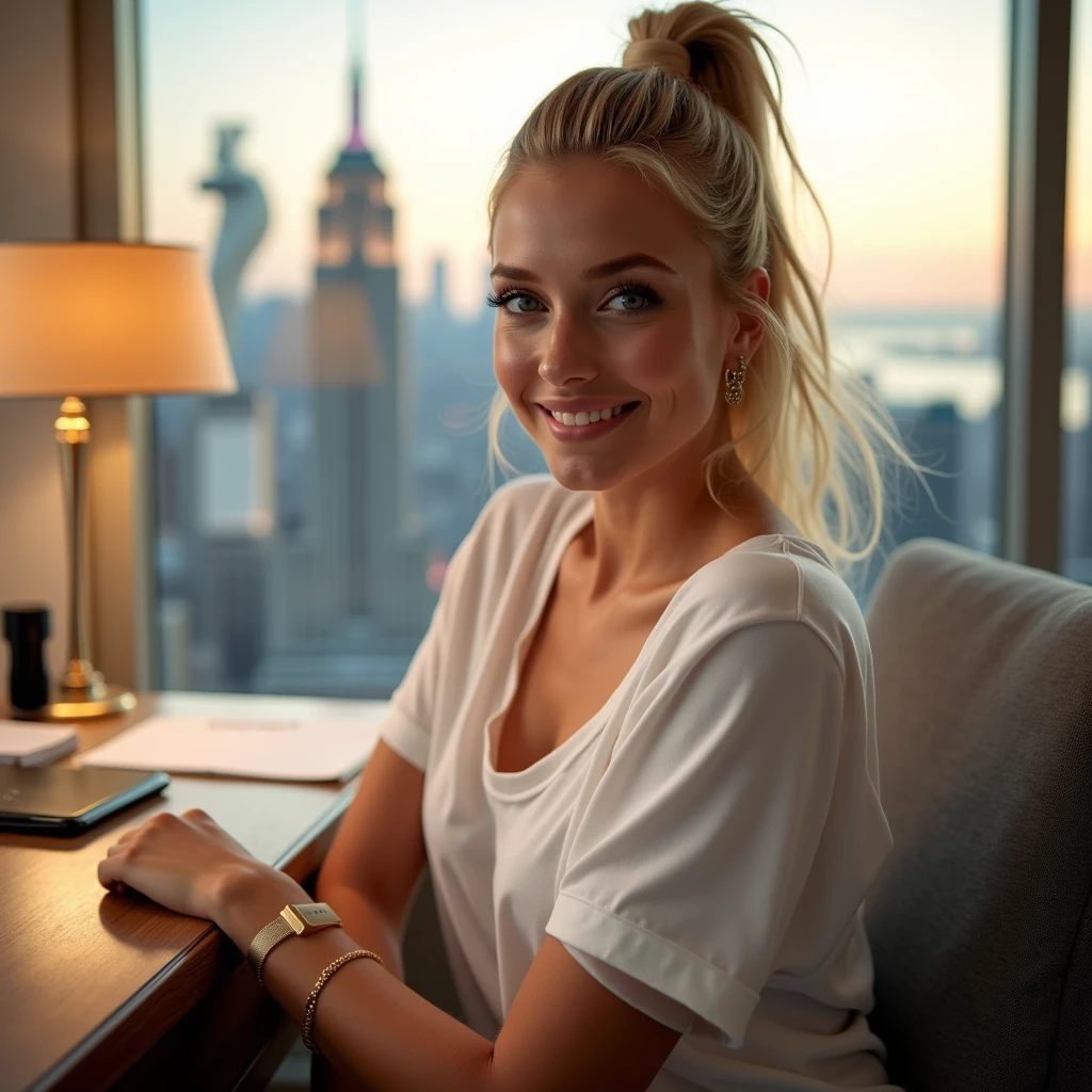 Blonde bombshell , ponytail hair, wearing a large white tshirt, sitting on an office in a hotel room a closeup photo