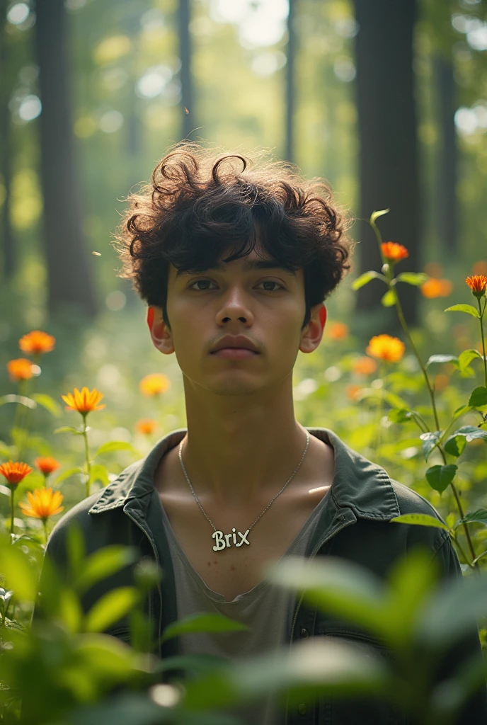 korean man 18 years old curly hair in the forest with a necklace silver name  brix