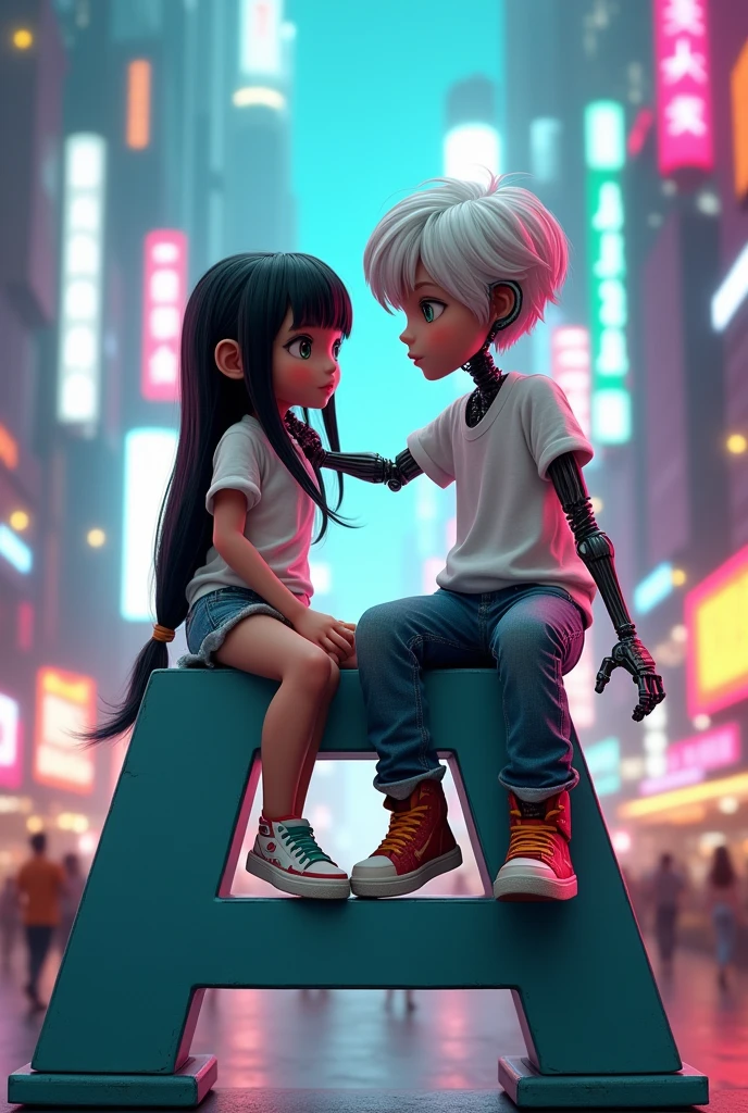 A cute model robot girl with long black hair, sitting on a large A, is wearing a shirt and jean shorts. Beside her is a handsome robot boy with white hair and green eyes, wearing a white shirt and jeans.