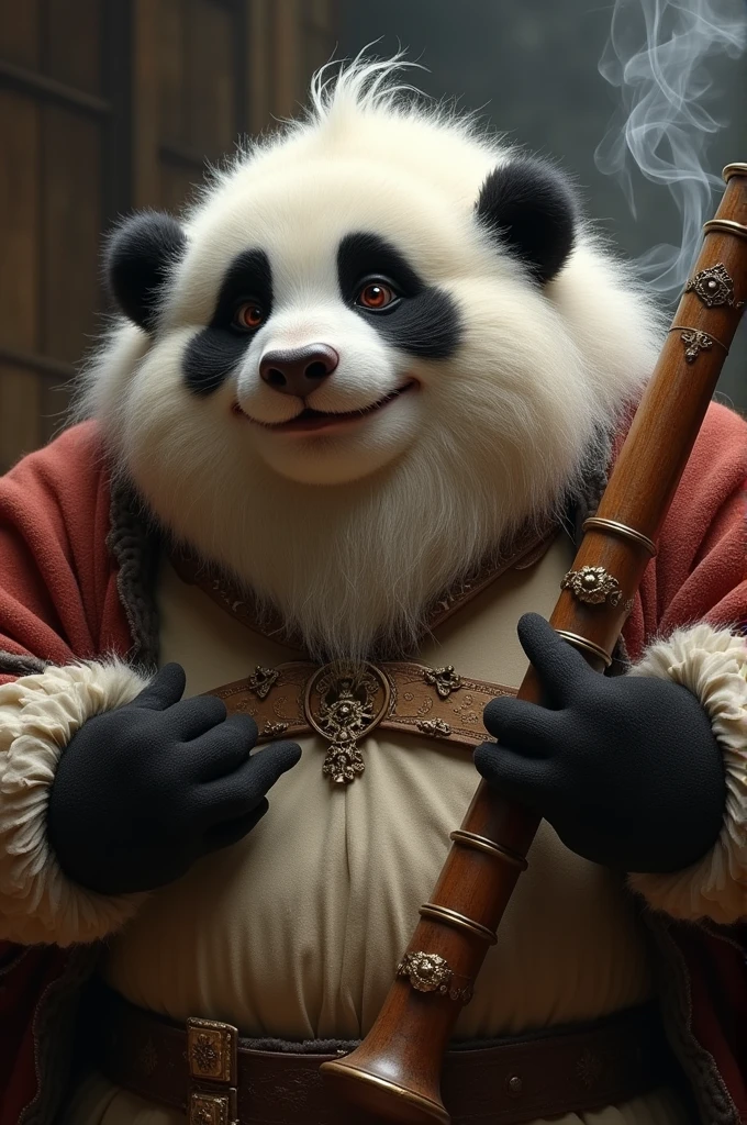 ((Chubby jovial large white man)), ((playing a smoking recorder)), (Panda bear ears), fat face, medieval setting