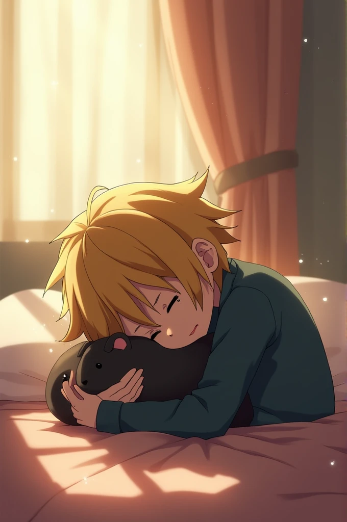 Len Kagamine lying in fetal position with his eyes closed sadly hugging a black guinea pig