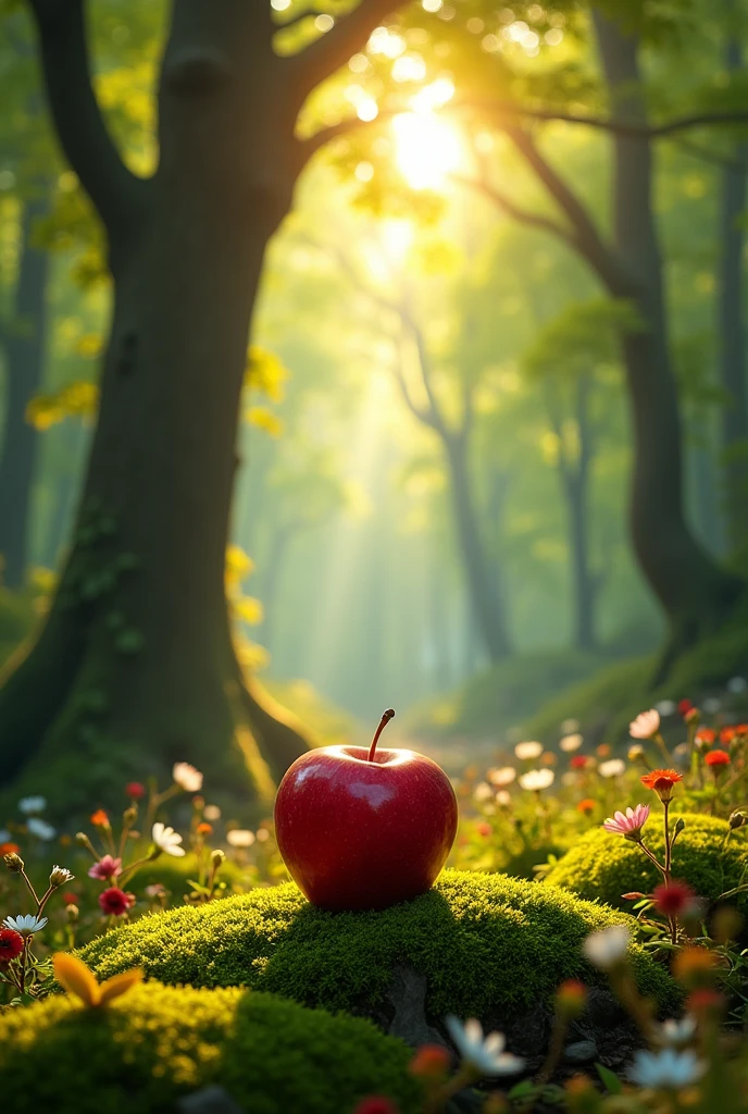 Une pomme au milieu d'un paysage magnifique dans une forêt 